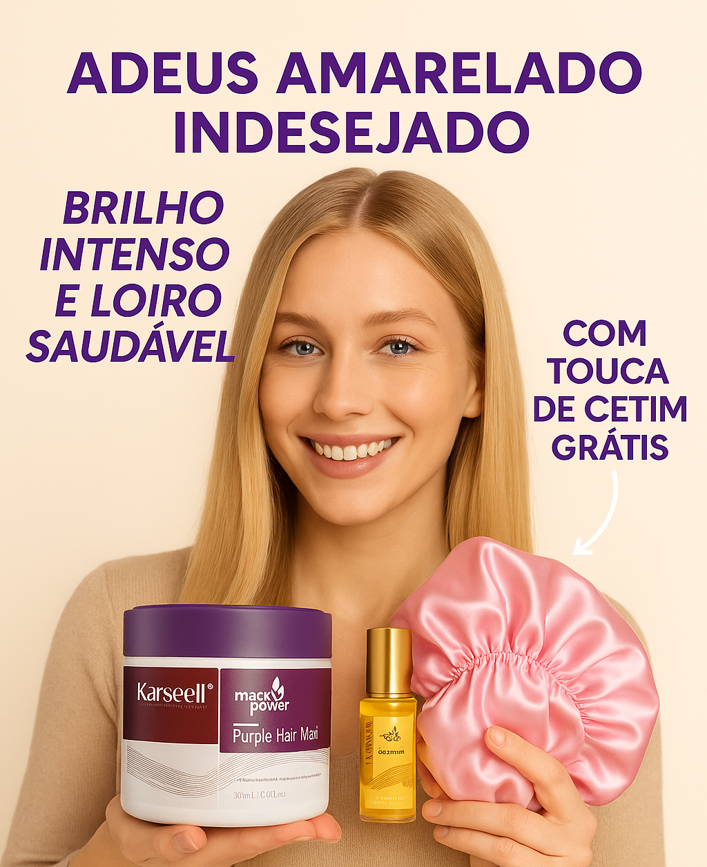 Kit para cabelos loiros - Máscara Karseell Roxa Original 500ml + Óleo de Argan + Touca de Cetim de Brinde