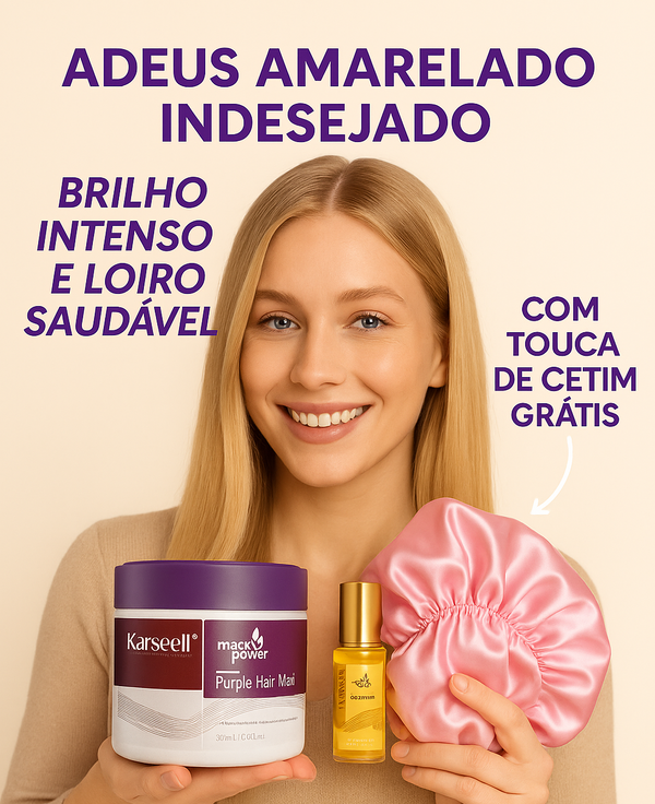 Kit para cabelos loiros - Máscara Karseell Roxa Original 500ml + Óleo de Argan + Touca de Cetim de Brinde